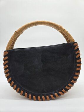 Snidel Black Leather Circle Top Handle Rattan Wicker Handbag
